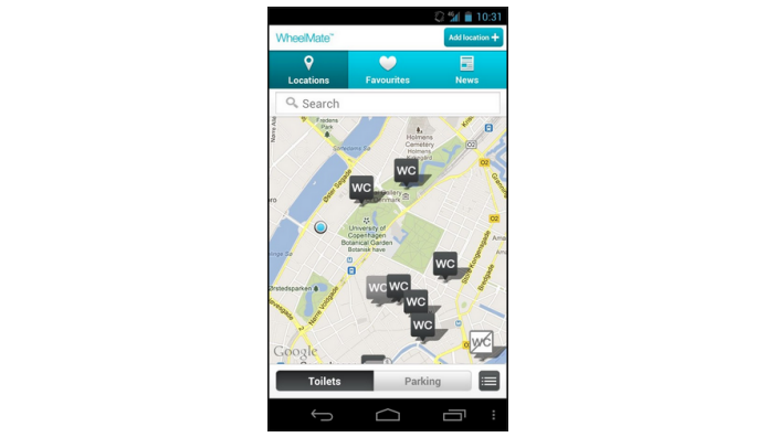 App WheelMate per telefoni Android per trovare bagni e parcheggi accessibili ai disabili vicino a te
